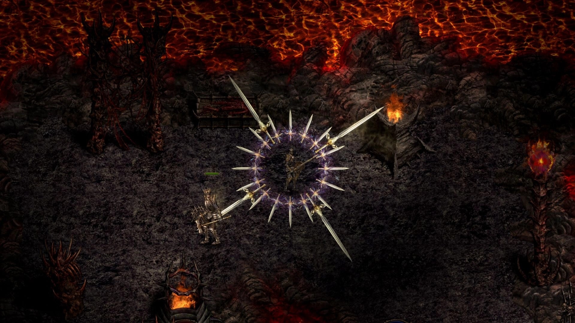 Shadow Dungeon: Armored warrior faces a spiked magic ring in a lava-lit cavern with torches.