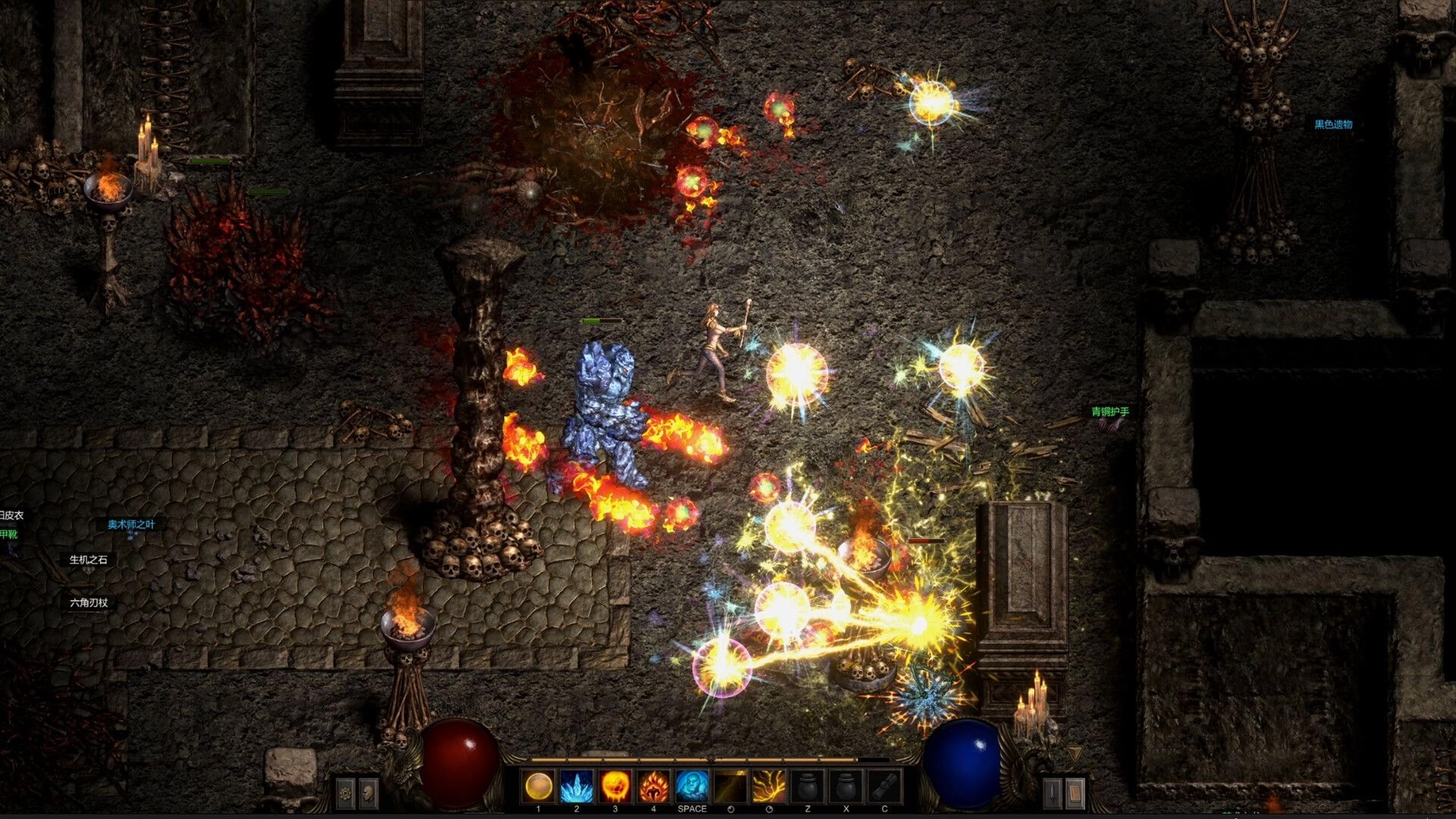 Shadow Dungeon: Mage blasts lightning orbs at foes in skull-lined stone corridor with skill bar UI.