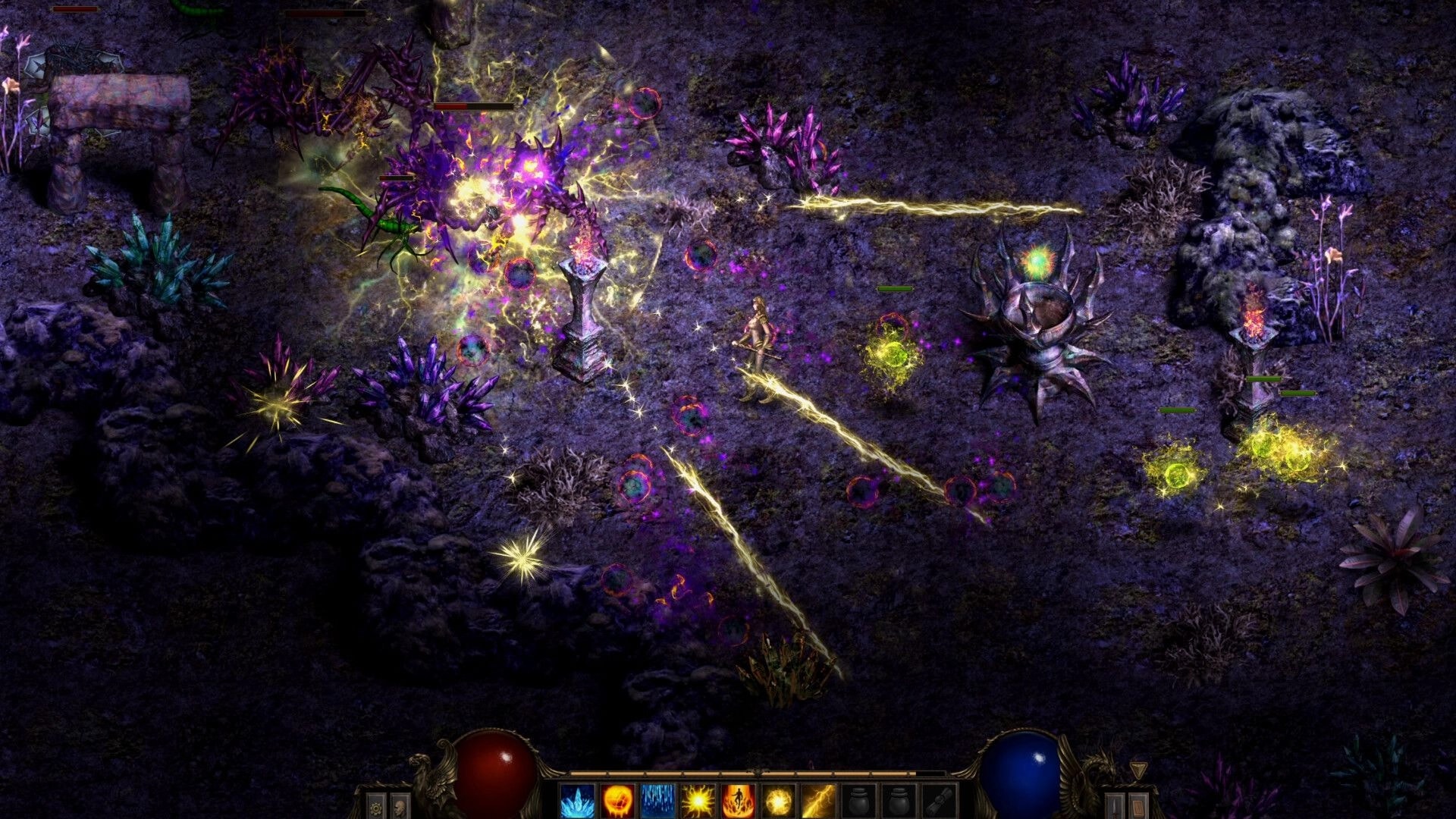 Shadow Dungeon: Mage casts lightning at demons near crystal spires in a dark cavern battlefield UI.
