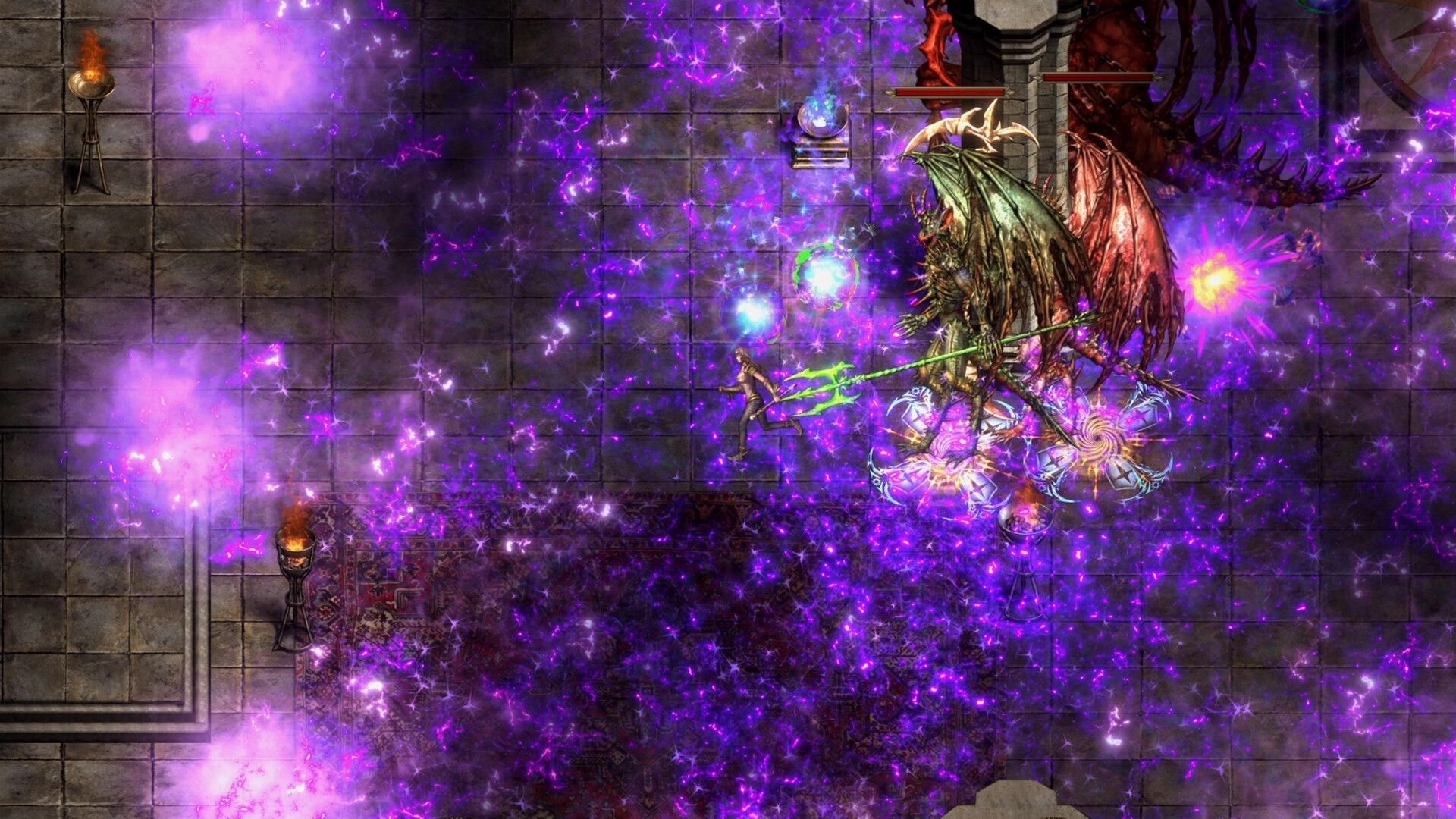 Shadow Dungeon: Hero battles winged demon boss amid purple rift magic in a torchlit stone hall.
