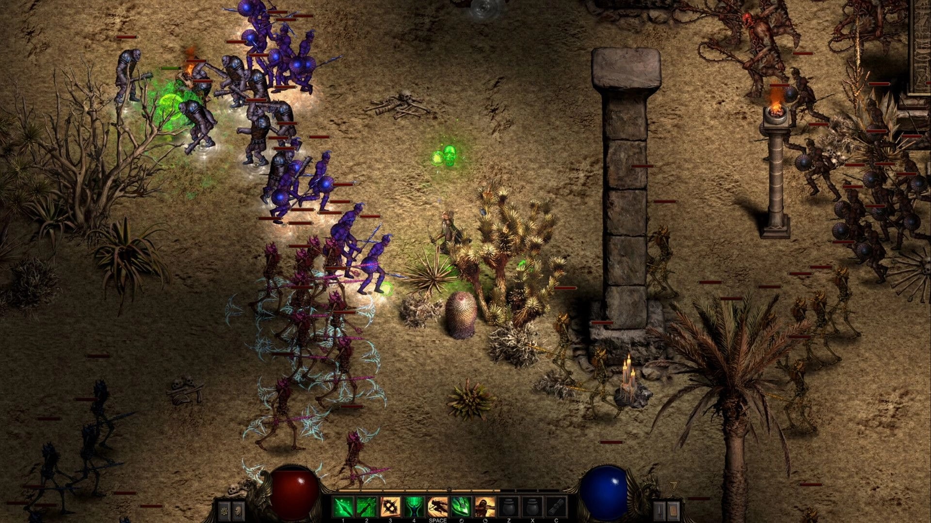 Shadow Dungeon: Isometric battle with undead mobs and spell effects in a sandy ruin with hotbar UI.