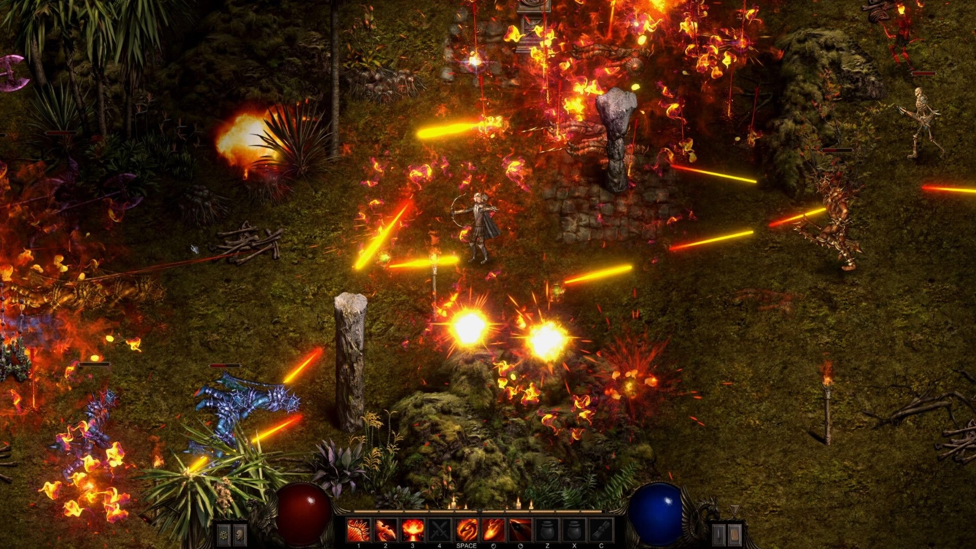 Shadow Dungeon: Mage dodges fiery projectiles in jungle ruins with stone pillars and hotbar UI.