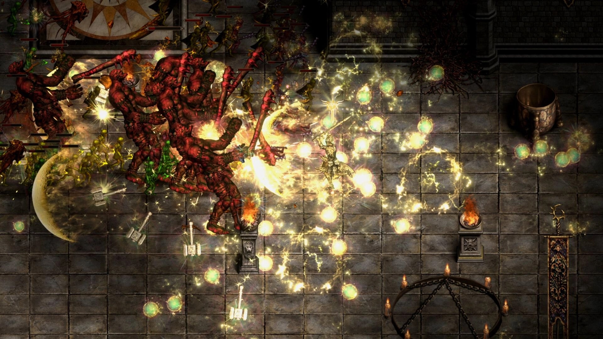 Shadow Dungeon: Armored hero attacks a demon swarm amid glowing orbs in a tiled dungeon chamber.