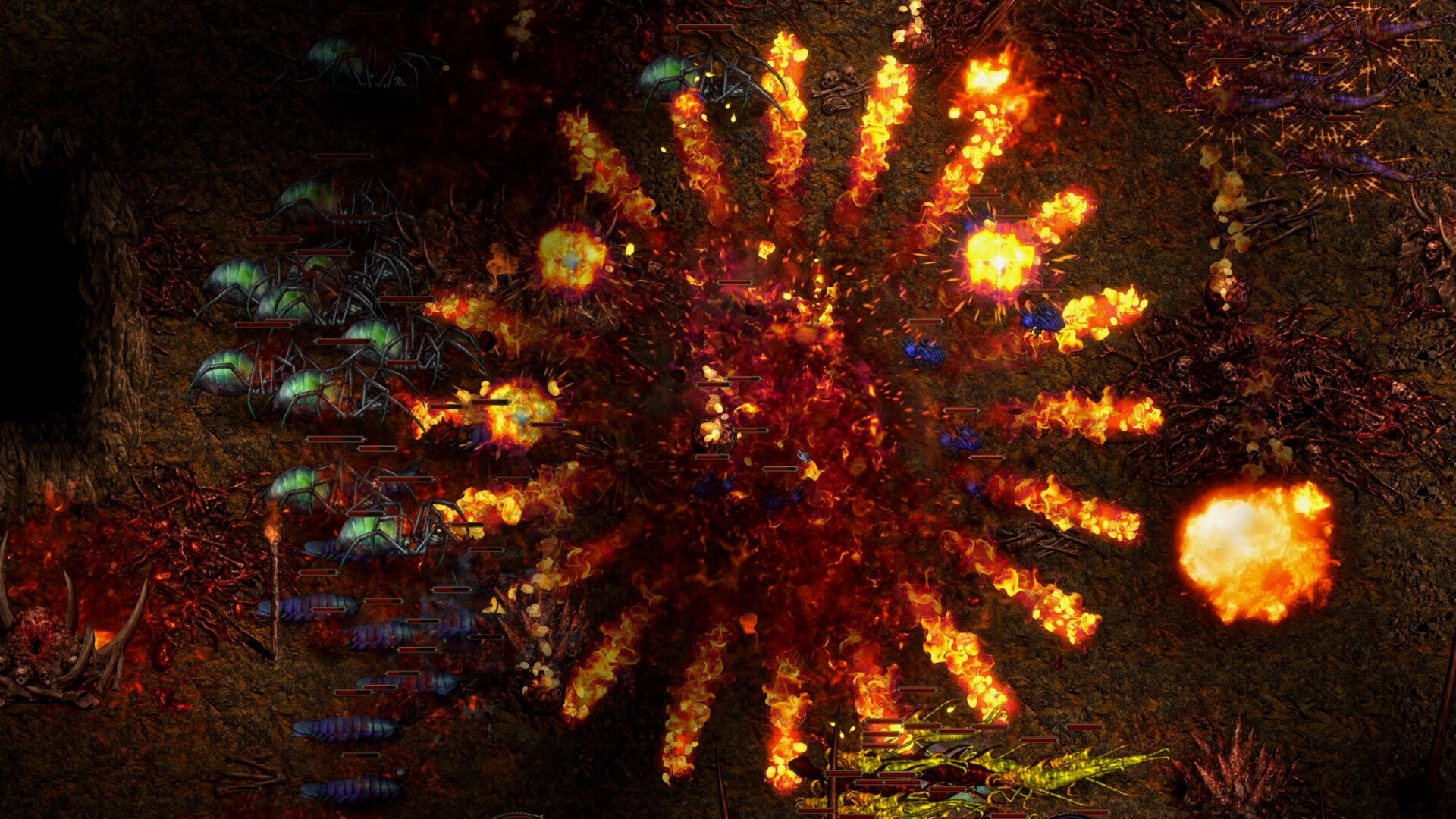 Shadow Dungeon: Explosive fire spell blasts swarms of spider-like foes in a scorched cavern battlefield.