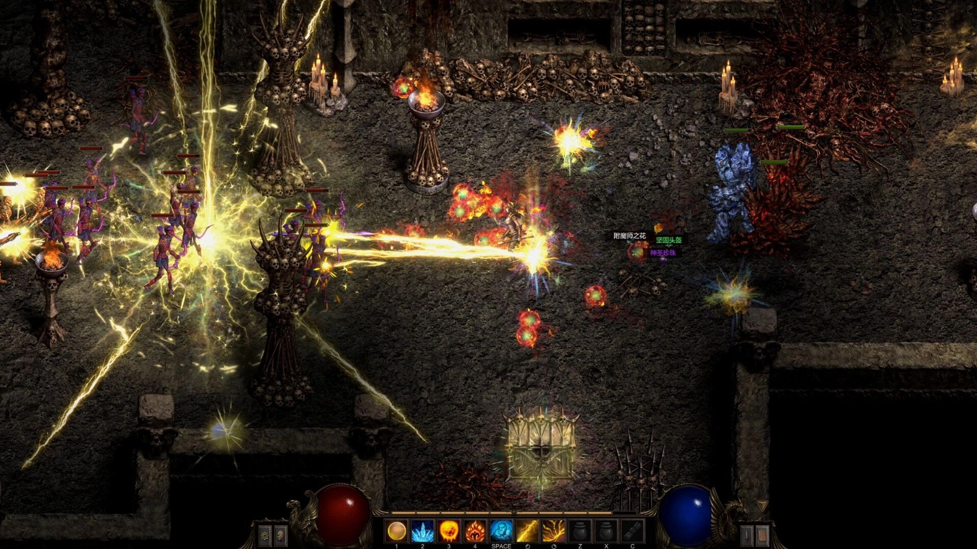Shadow Dungeon: Spellcaster blasts lightning at purple demons in skull-lined crypt with action bar UI.