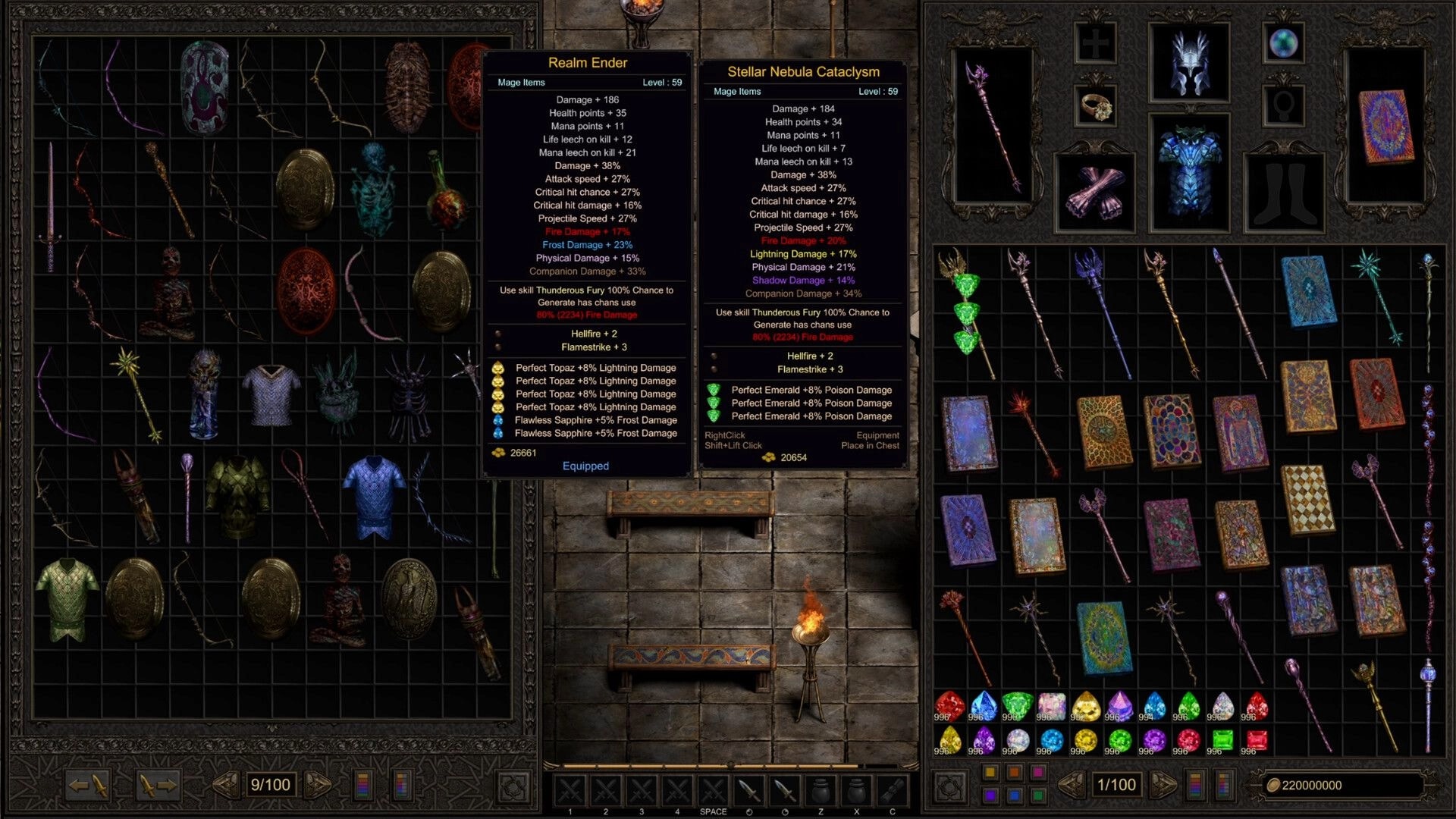 Shadow Dungeon: Inventory and equipment screen comparing two mage staves inside a stone dungeon UI.