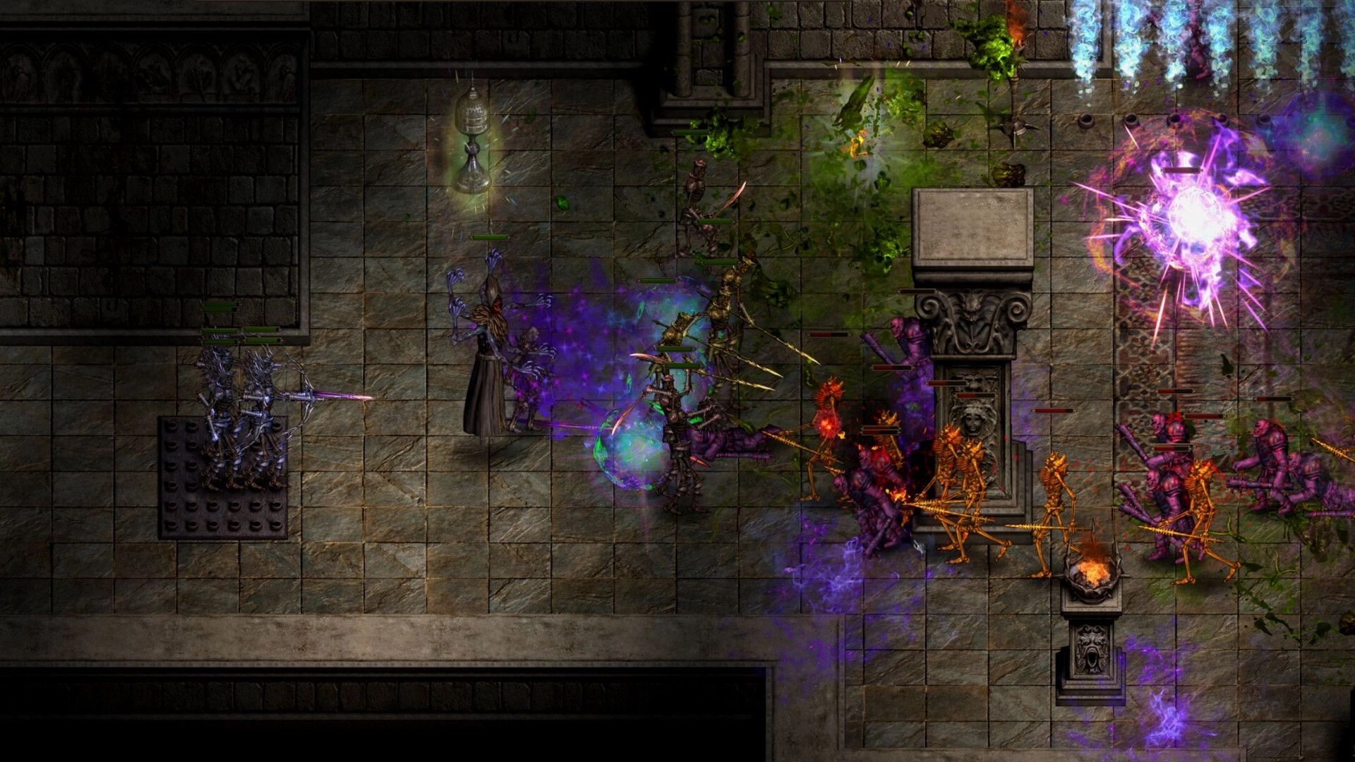 Shadow Dungeon: Party battles skeletons and demons amid purple magic blasts in stone temple hall.