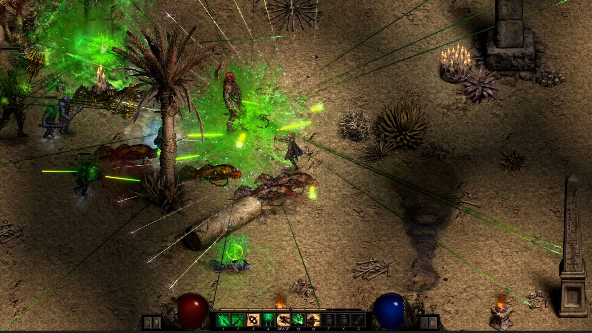 Shadow Dungeon: Mage unleashes green poison bolts in desert ruins with bones, candles, and UI orbs.