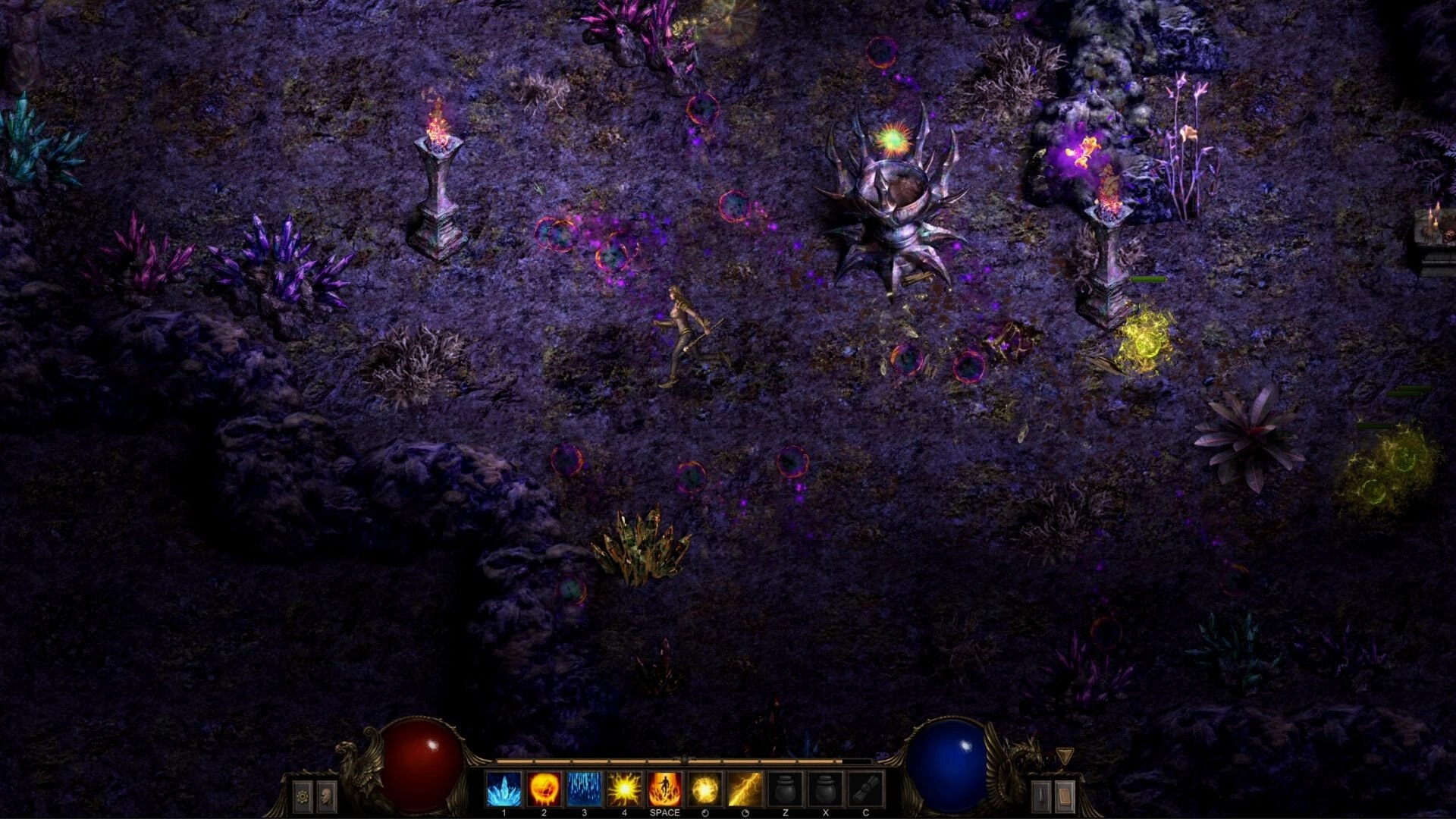 Shadow Dungeon: Adventurer dodges purple orbs near spiked shrine in corrupted cavern with torches.