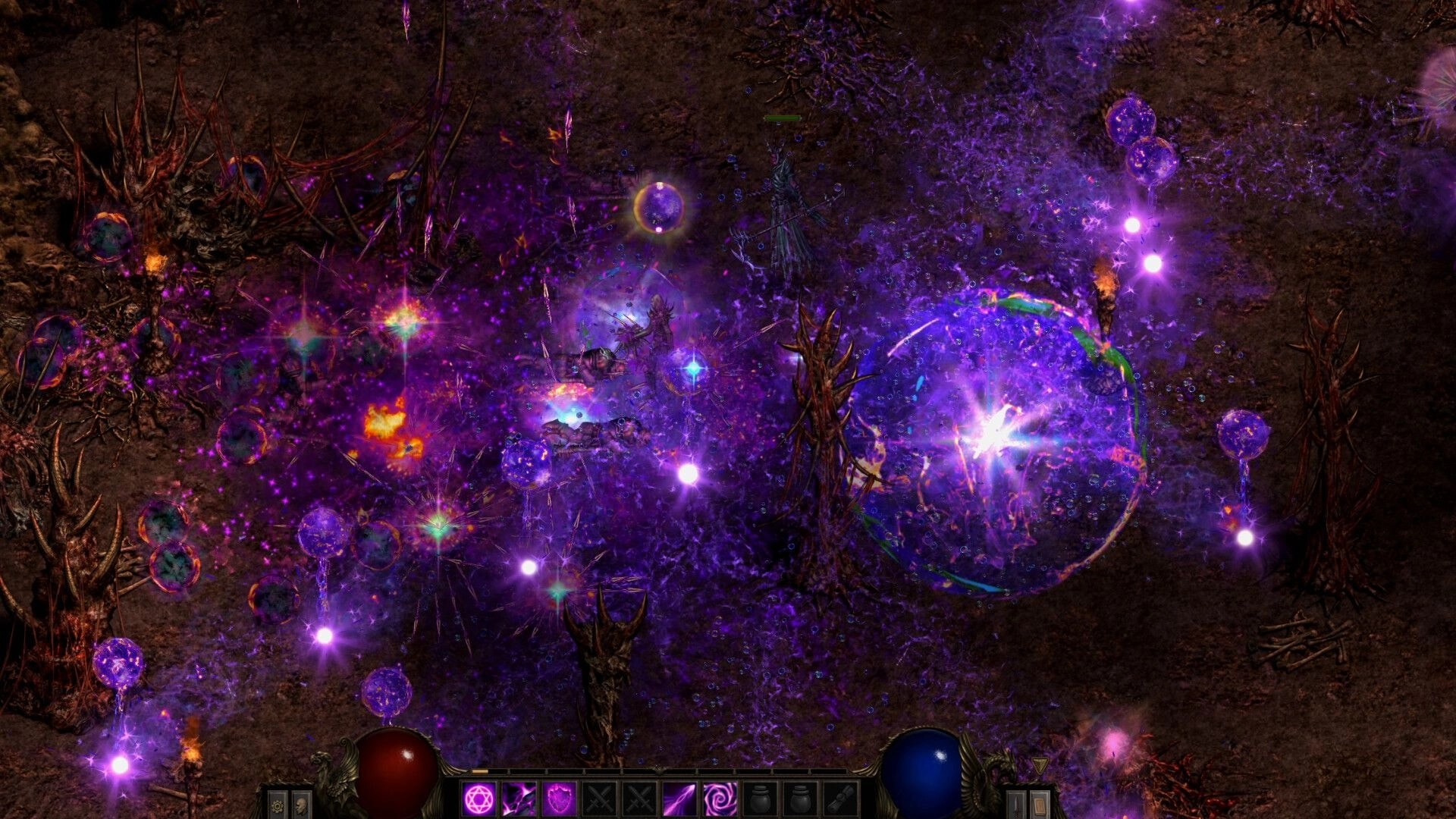 Shadow Dungeon: Mage unleashes purple arcane blasts amid swirling orbs in a barren, spiked wasteland.