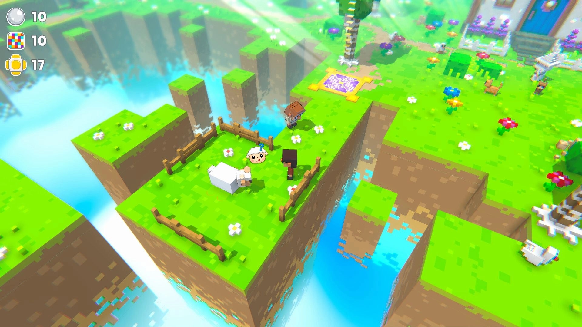 Shear Heaven: Player stands by a sheep pen on grassy floating islands with counters on left HUD.