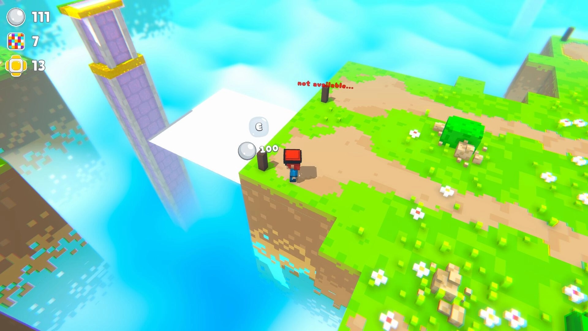 Shear Heaven: Player stands by a post with E prompt on grassy floating island path above clouds.