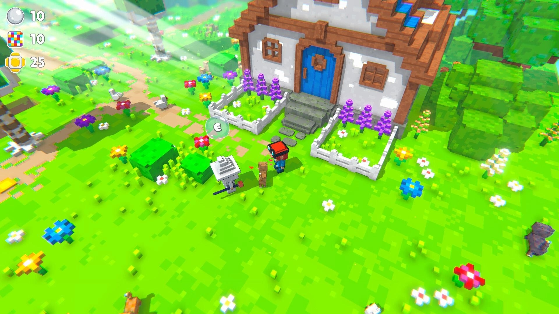 Shear Heaven: Player talks to a small NPC by a cottage with blue door in a flowered yard UI counters left.