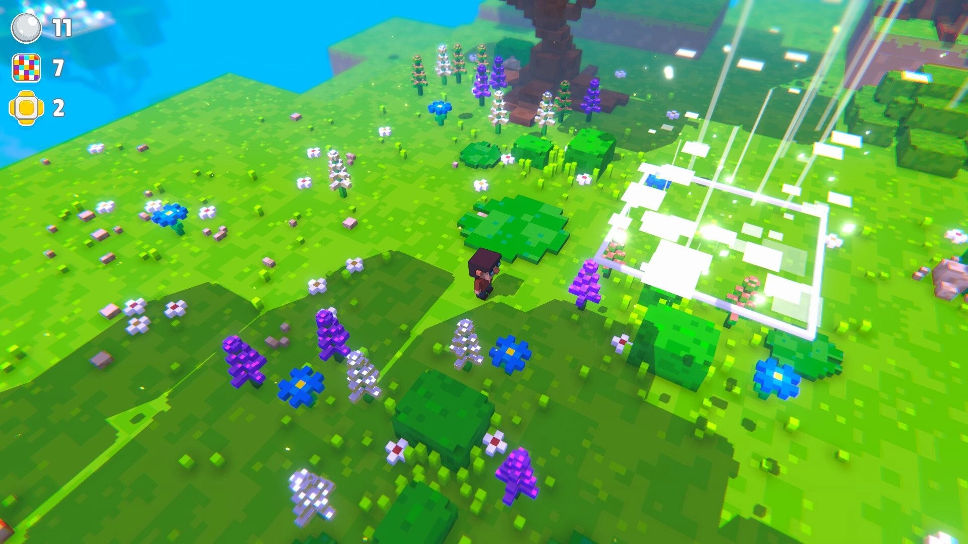 Shear Heaven: Player avatar exploring grassy voxel island with flowers and glowing path marker UI counters left.