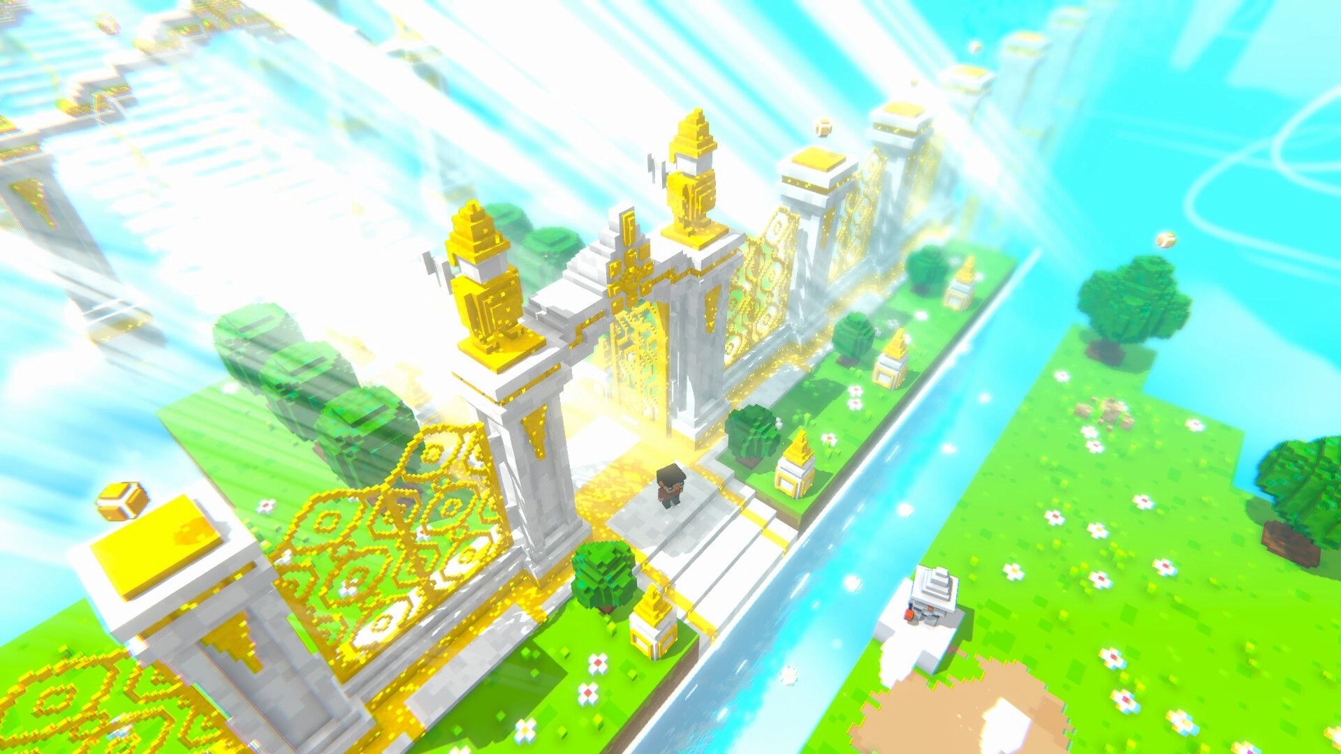 Shear Heaven: Player stands by a glowing golden gate on a floating grassy island above blue sky clouds.