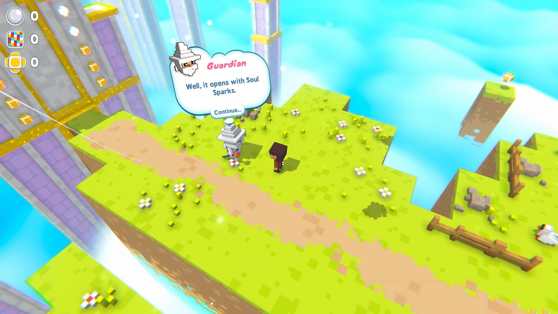 Shear Heaven: Player talks to Guardian NPC with dialogue bubble on a grassy floating sky island.
