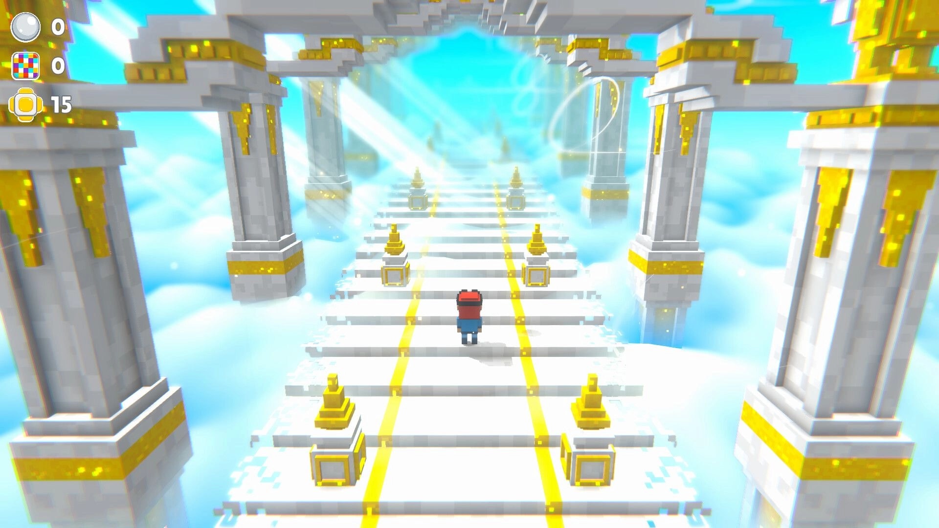 Shear Heaven: Player walks up a golden stair bridge between white columns in bright clouds, HUD left.