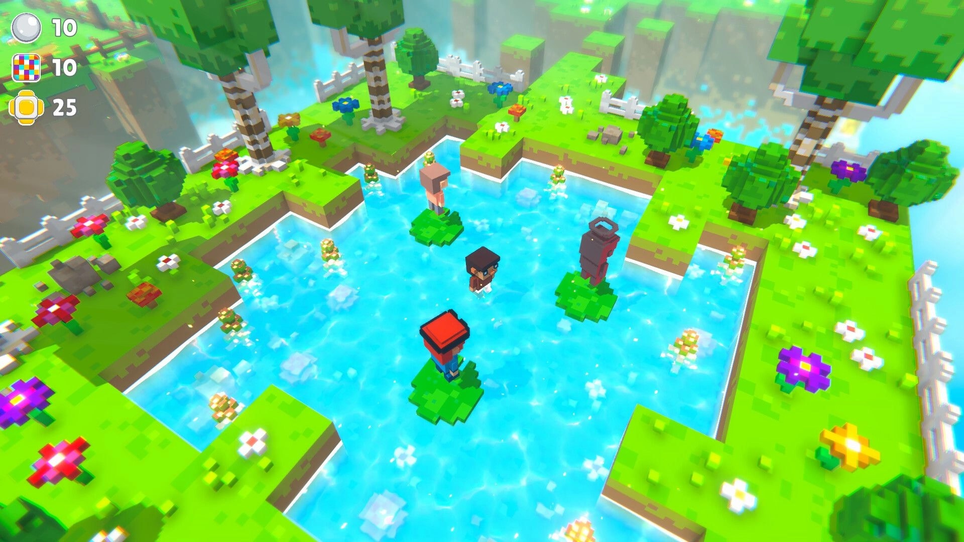 Shear Heaven: Three voxel characters hop on lily pads in a pond bordered by grassy islands and HUD counters.
