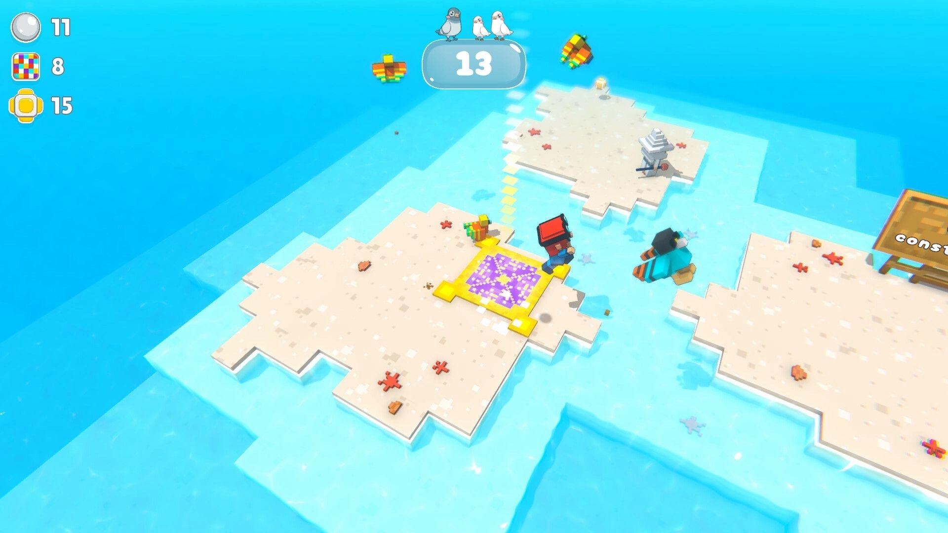 Shear Heaven: Player stands on a purple pad with counters visible on sandy islands above blue water.