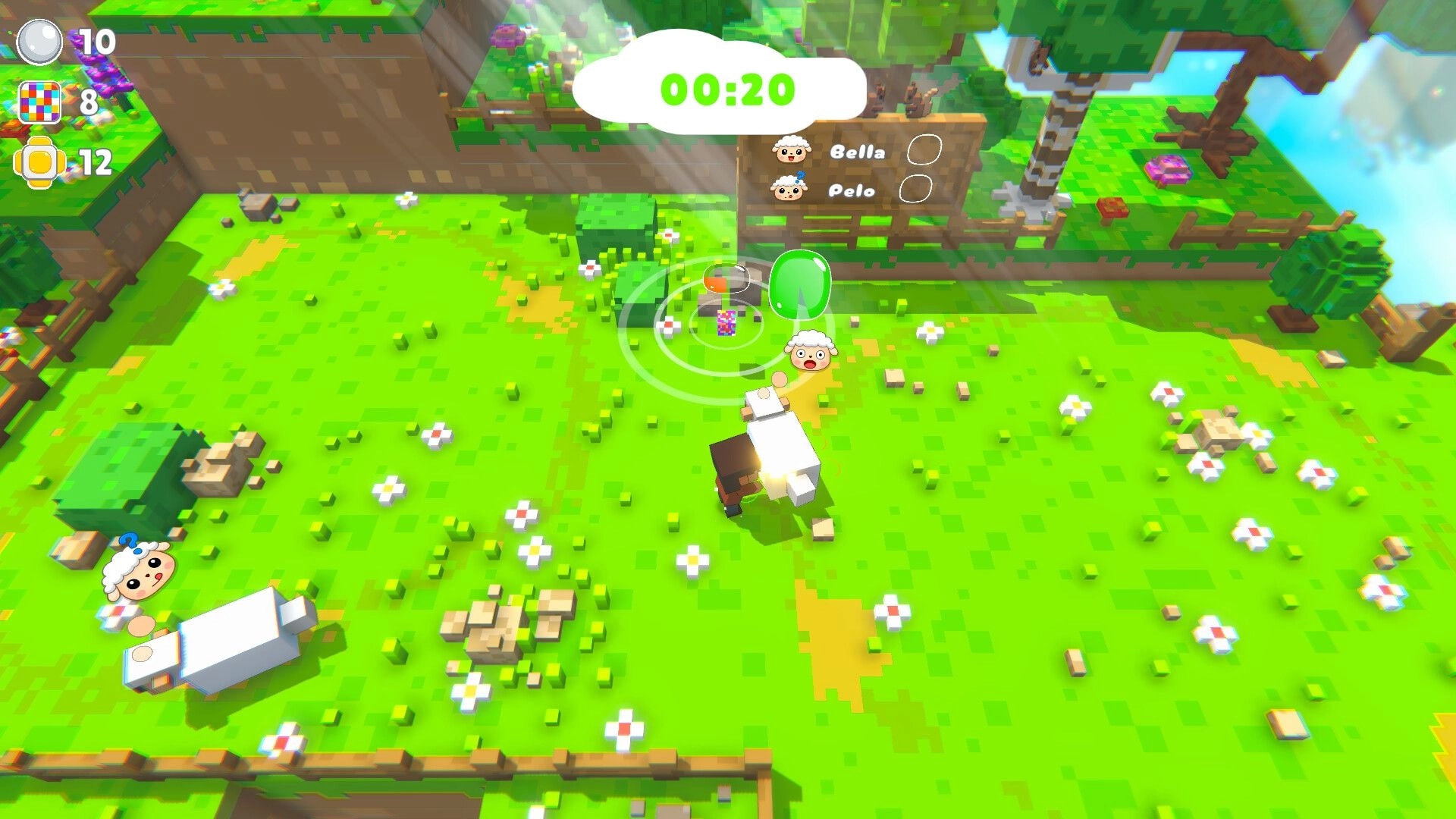 Shear Heaven: Player herds sheep in a fenced meadow with timer 00:20 and sheep list Bella, Pelo.