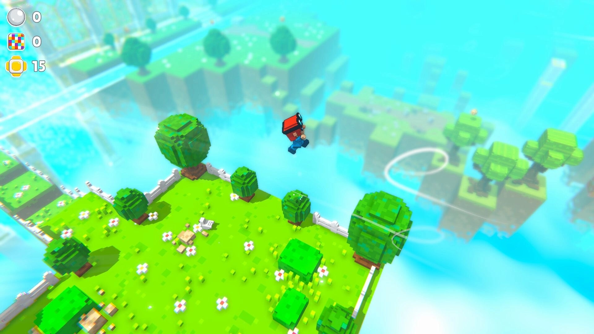 Shear Heaven: Character glides above grassy floating island with trees and fence, coin counters on left UI.