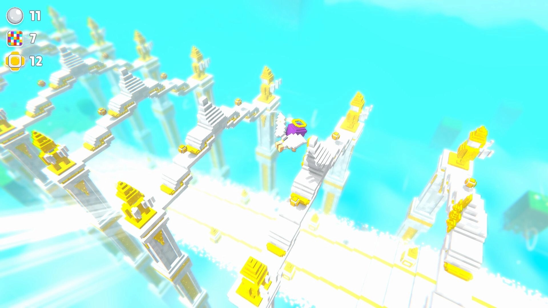 Shear Heaven: Top-down view of golden sky bridges and stairs over clouds with counters on HUD.
