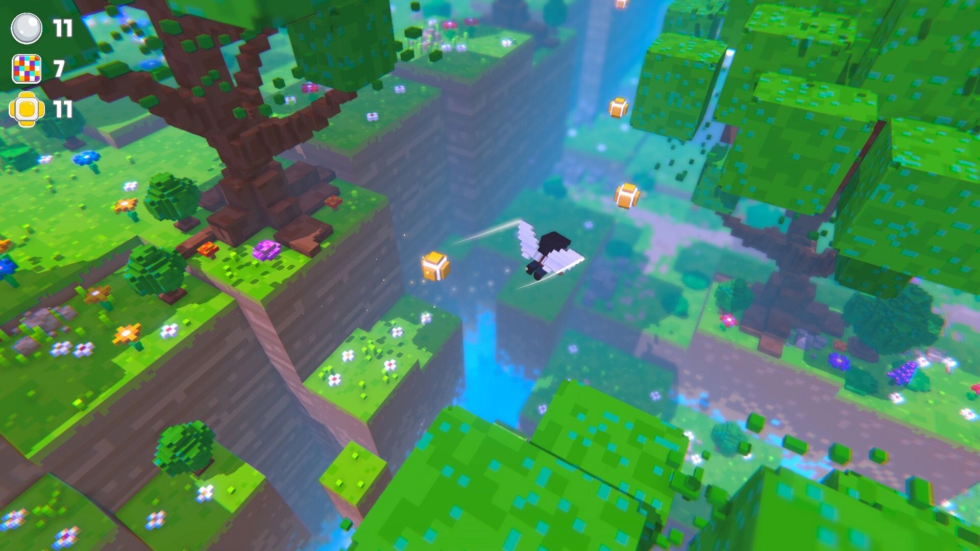 Shear Heaven: Winged character glides between floating grass islands with HUD counters and coins in sky canyon.