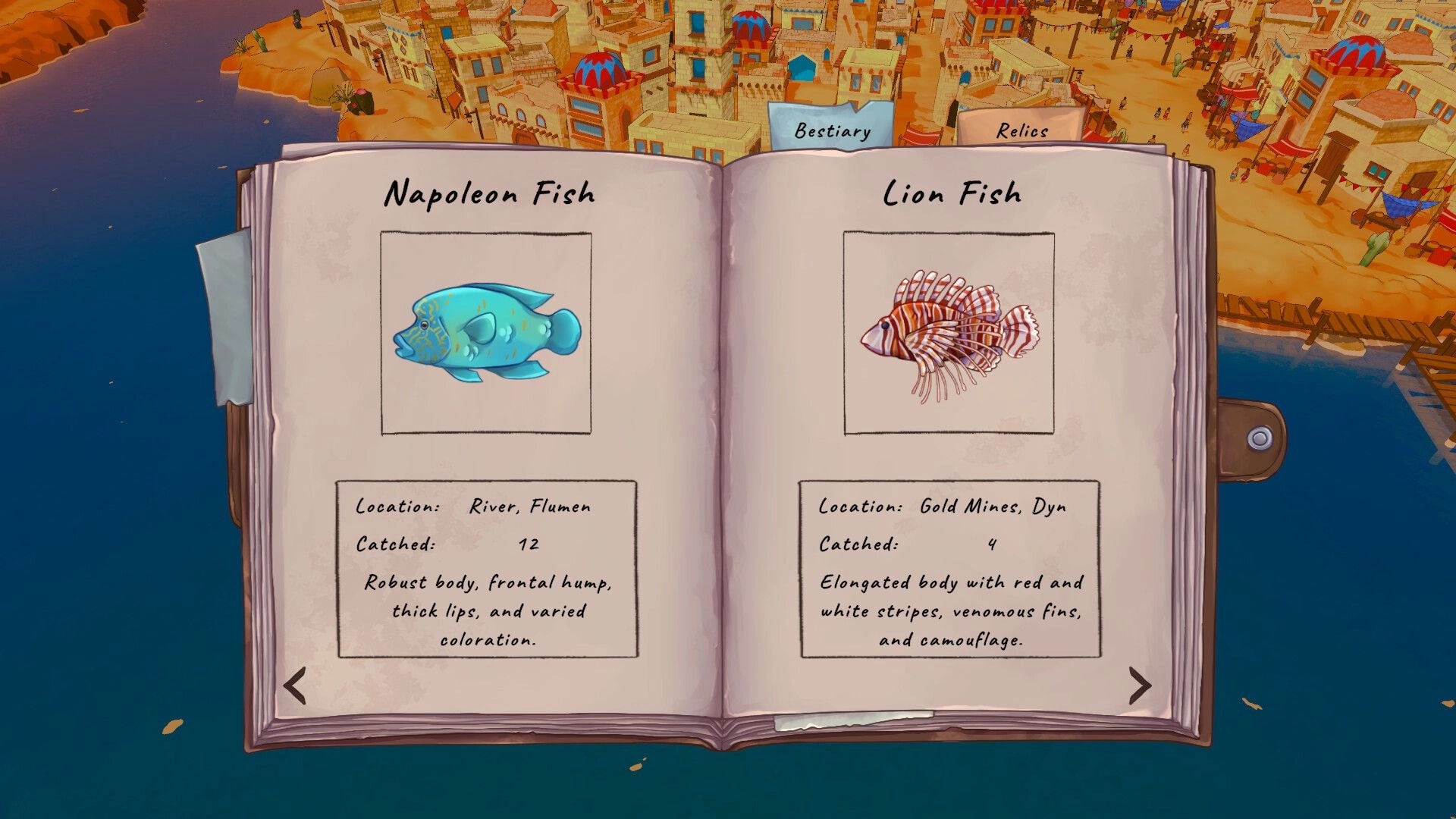 Shippin: Bestiary book open to Napoleon Fish and Lion Fish entries in a bustling harbor setting.