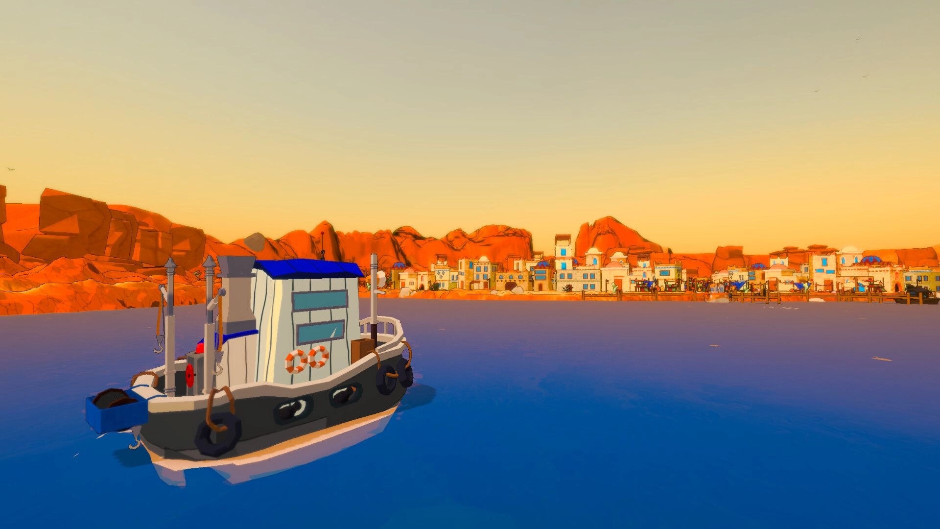 Shippin: Small boat sails toward brightly lit coastal town surrounded by orange cliffs in sunset glow