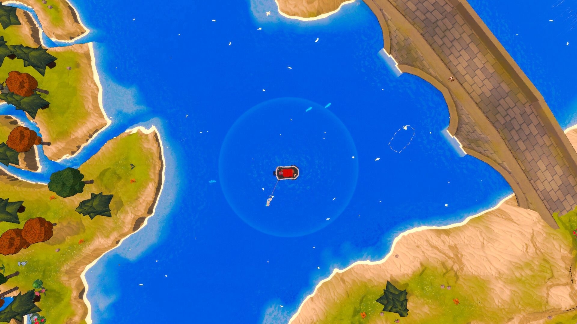 Shippin: Top-down view of a small red ship navigating blue waters surrounded by islands and a stone bridge.