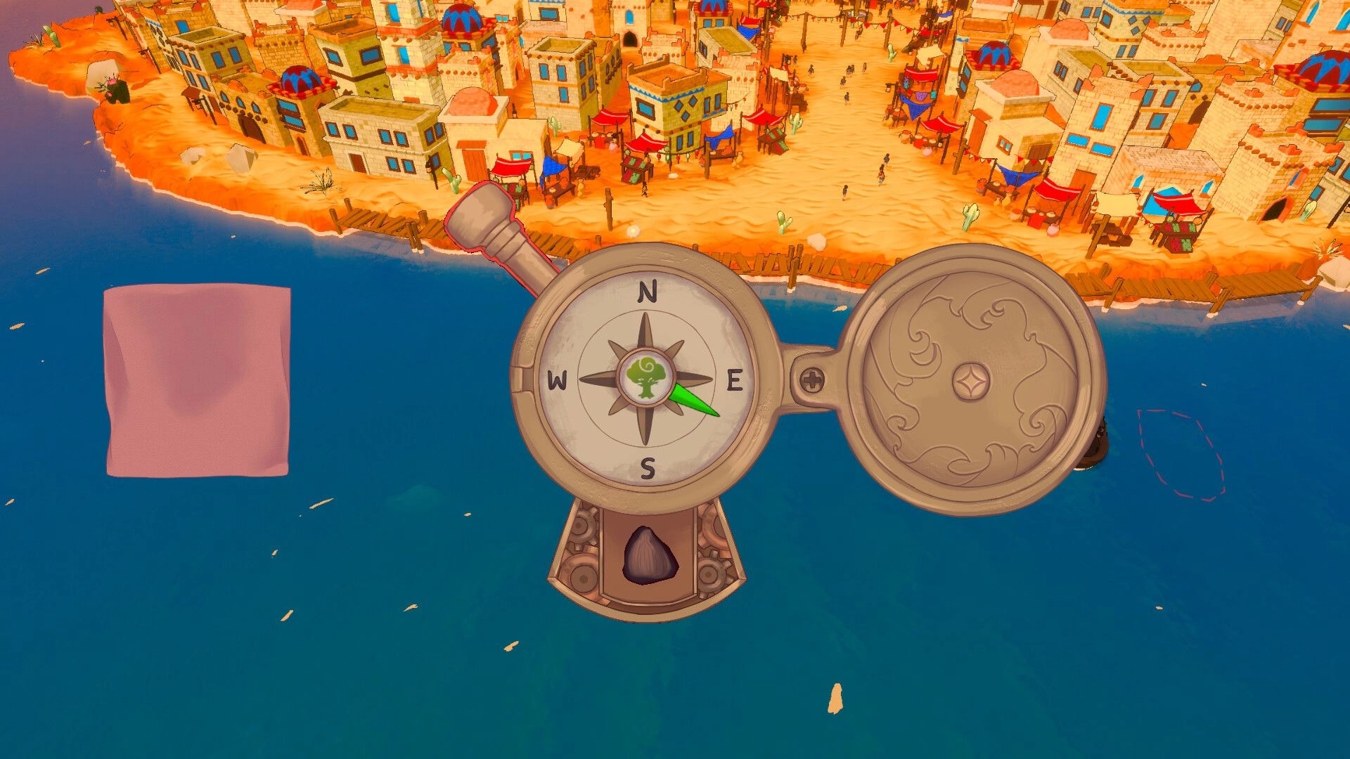 Shippin: Compass navigation over ocean with coastal town in view, vibrant rooftops and bustling docks
