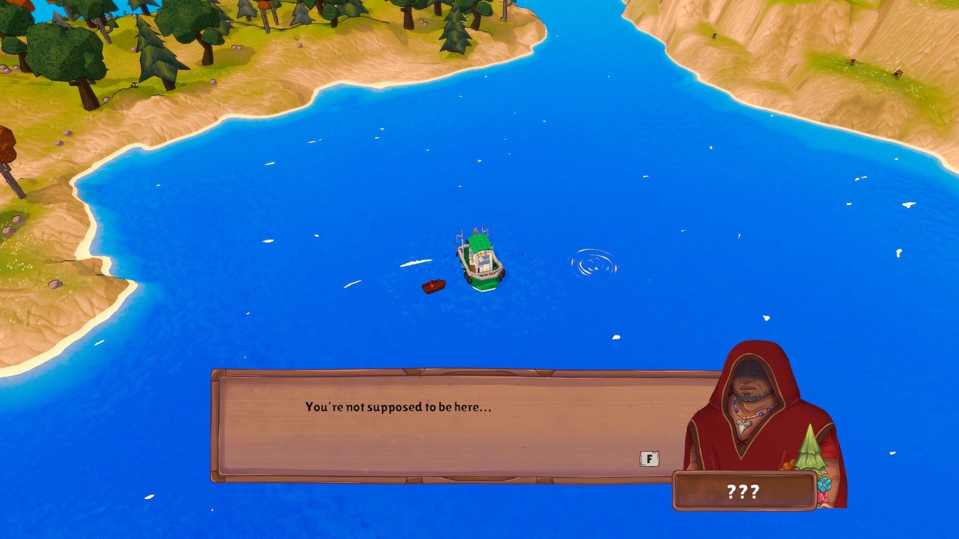 Shippin: Small boat on blue ocean near forested shore, mysterious hooded character dialogue box visible.
