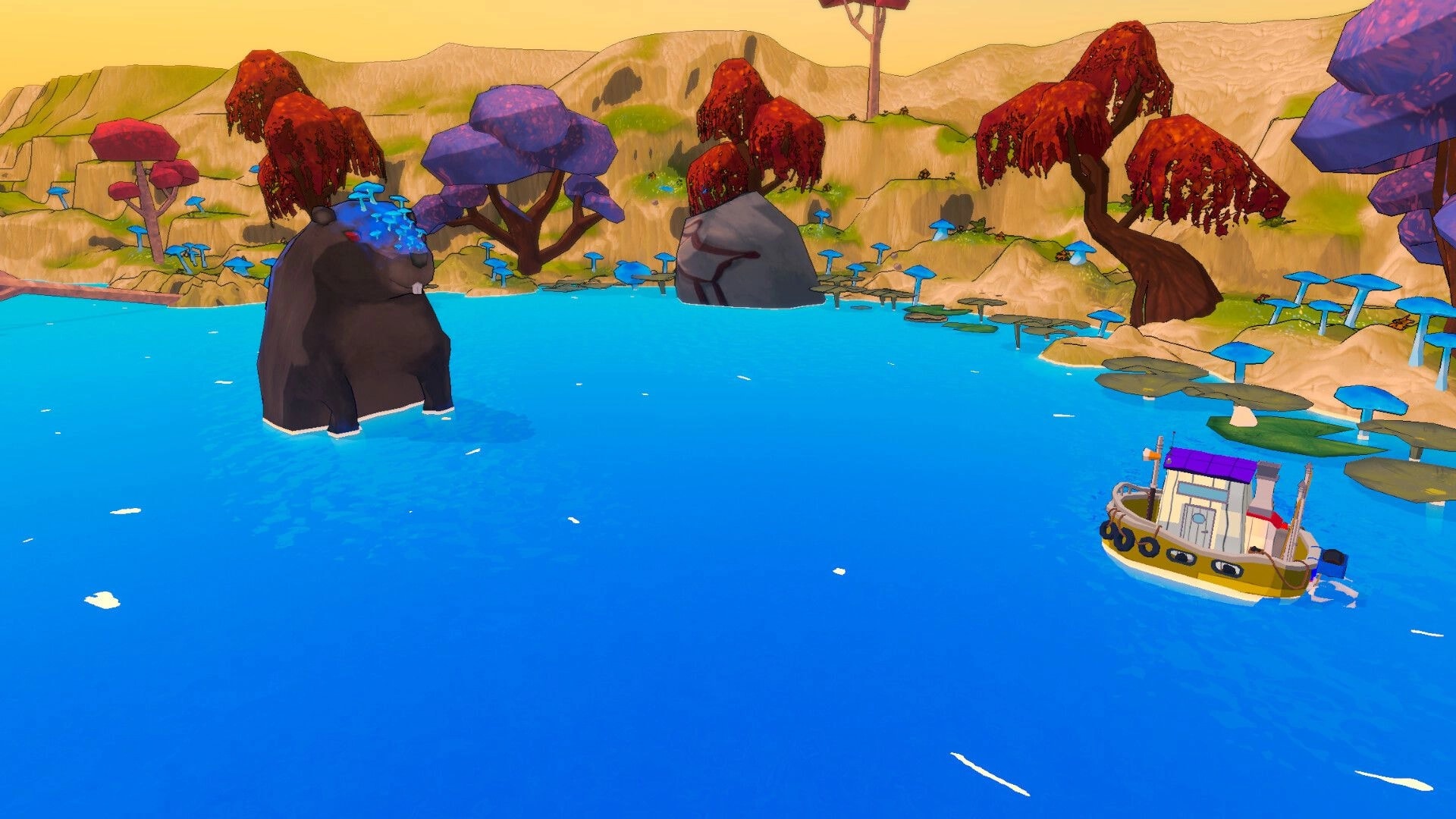 Shippin: A small boat approaches a giant creature in a colorful, surreal landscape with vibrant trees.