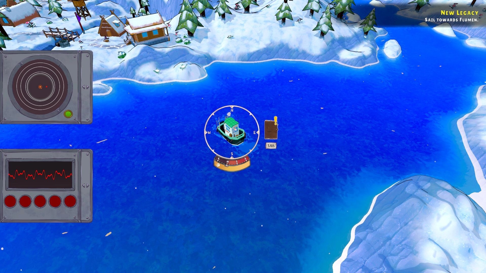 Shippin: Overhead view of a small boat navigating icy waters with radar and compass UI elements shown