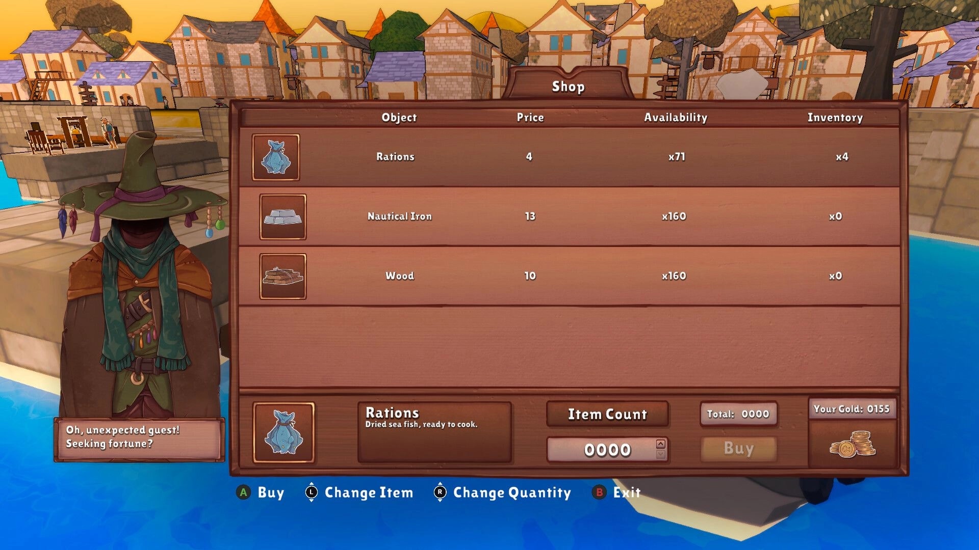 Shippin: Merchant shop interface with character in green hat beside inventory and purchase options.
