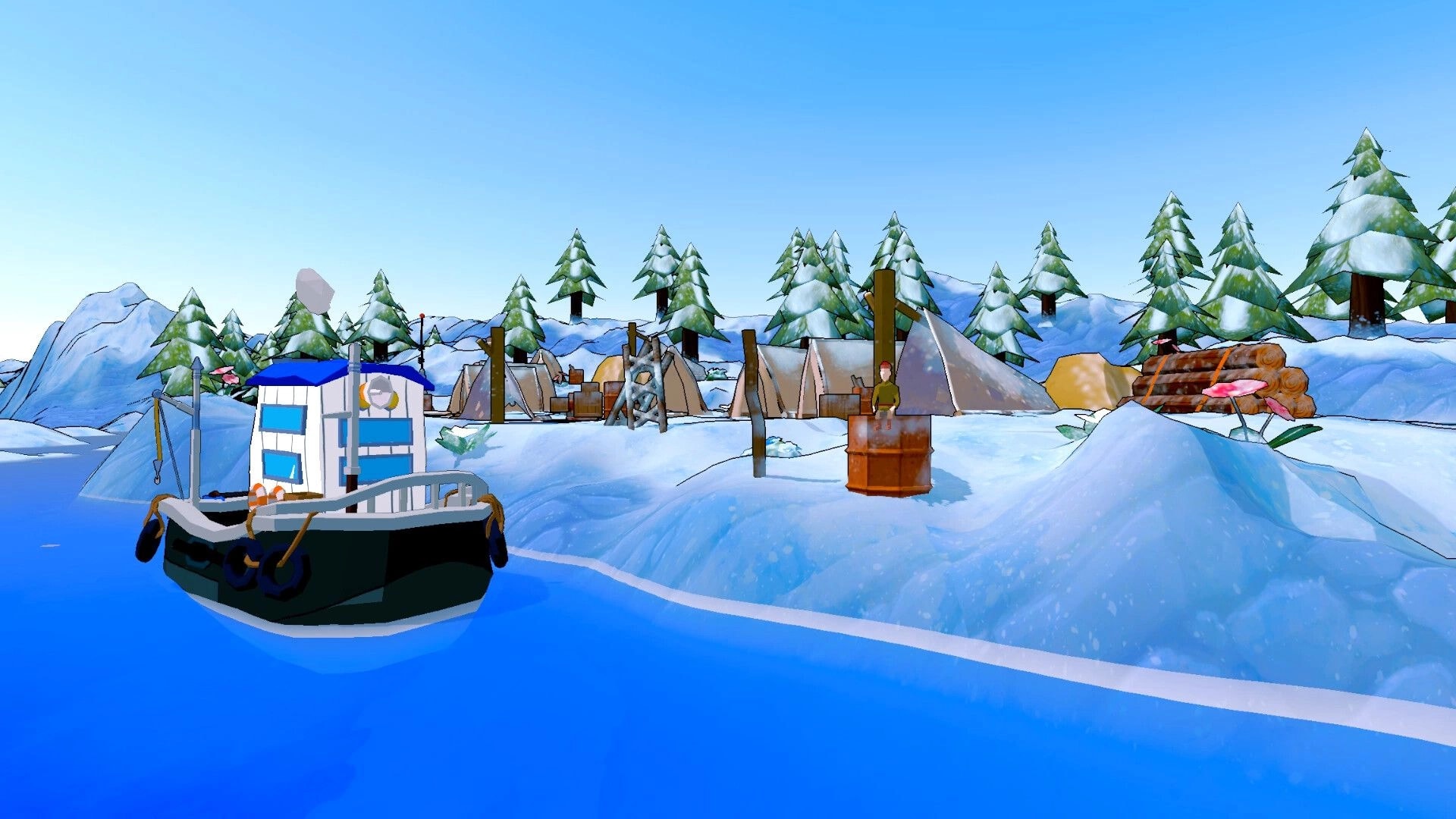 Shippin: Docked ship near snowy campsite with tents and snowy pine trees in a serene winter setting