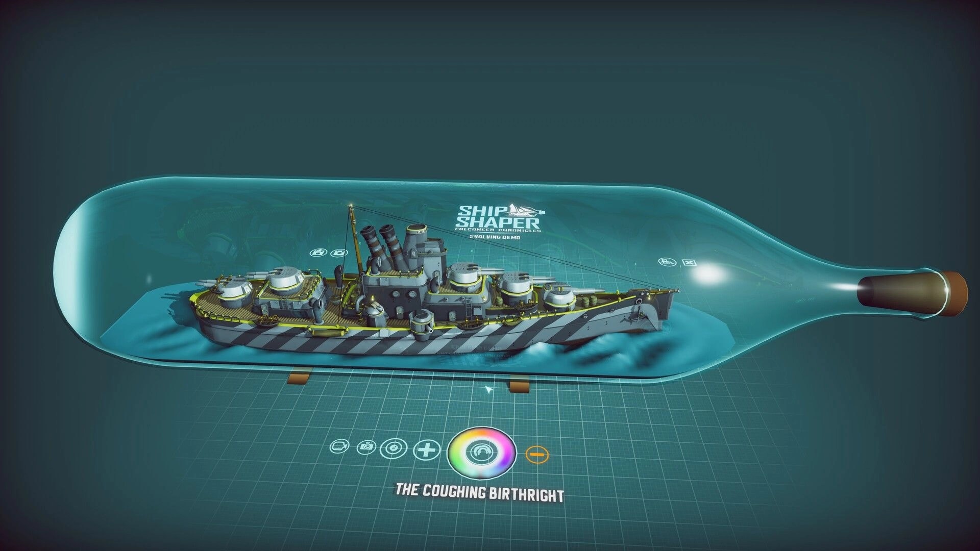 ShipShaper: Warship model displayed in a glass bottle diorama with grid workspace and color wheel UI.