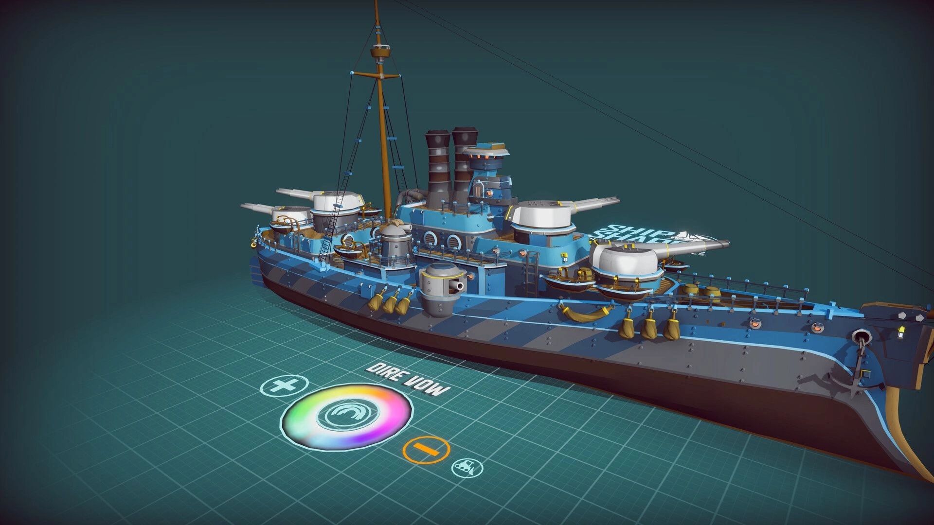 ShipShaper: Blue battleship model with turrets and smokestacks on 3D grid editor with color wheel UI.