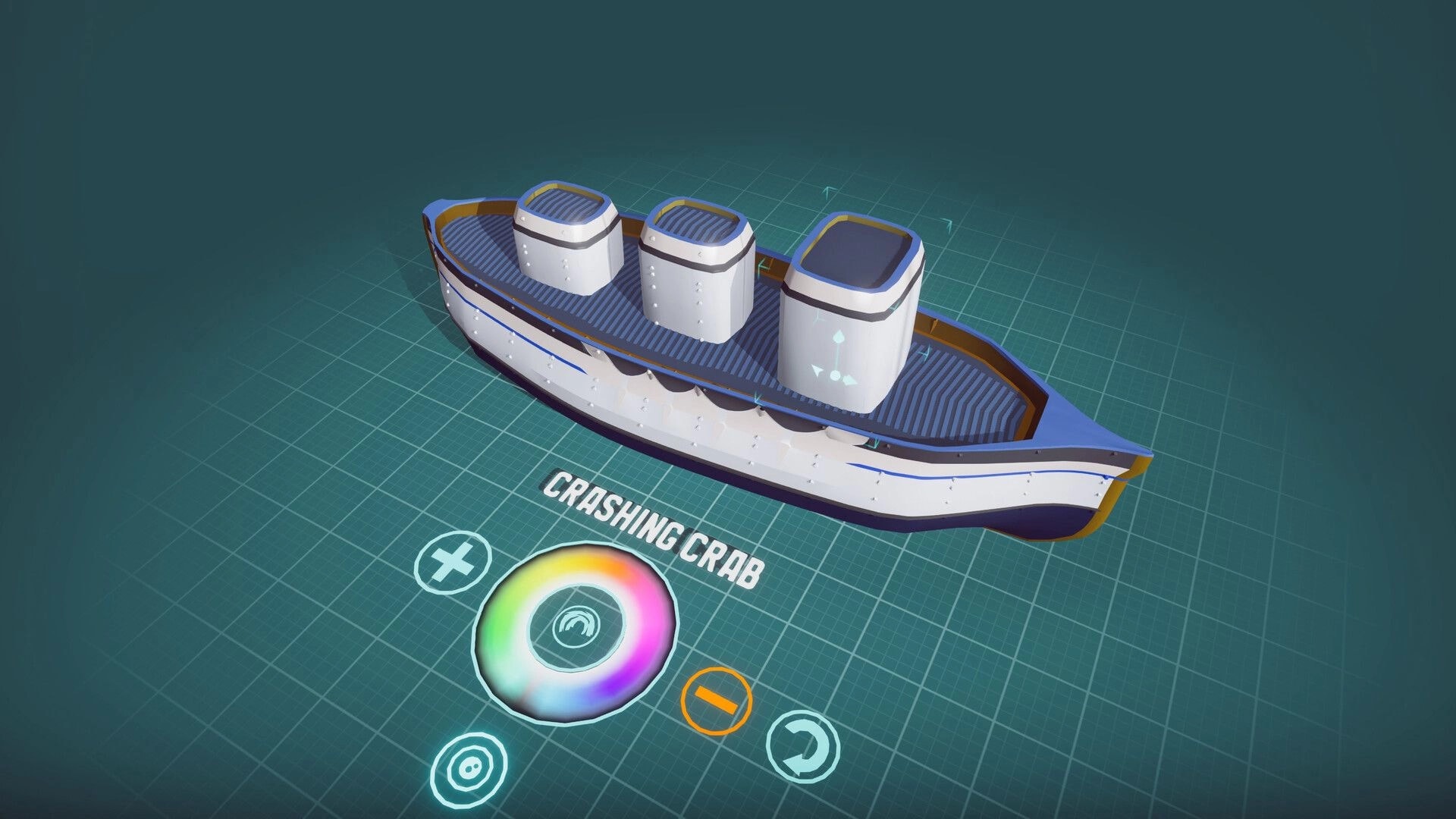ShipShaper: Editing a passenger ship model with color wheel and tools on a blue grid workspace.