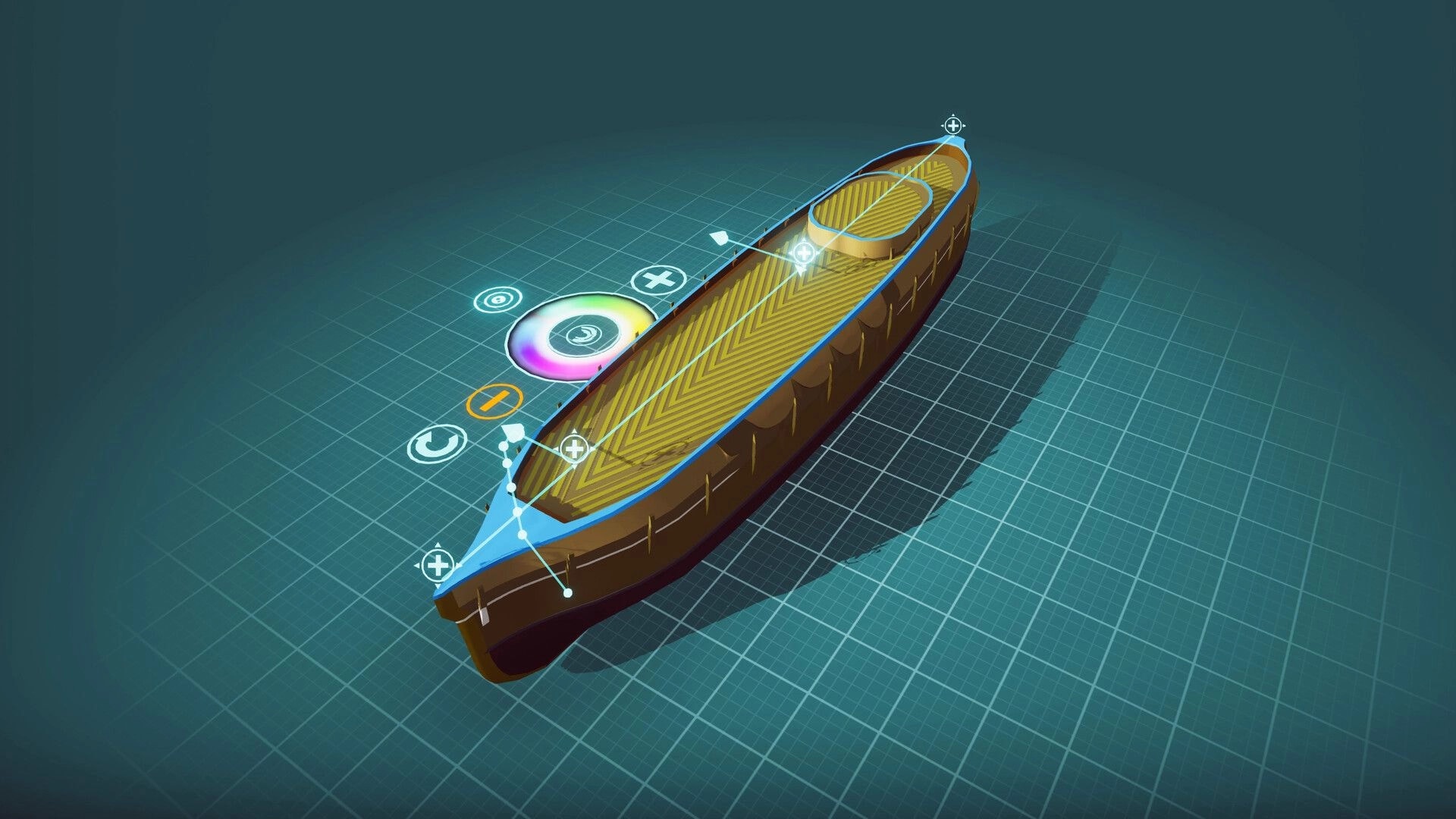 ShipShaper: Editing a wooden boat hull with spline points and color wheel on a 3D grid workspace.