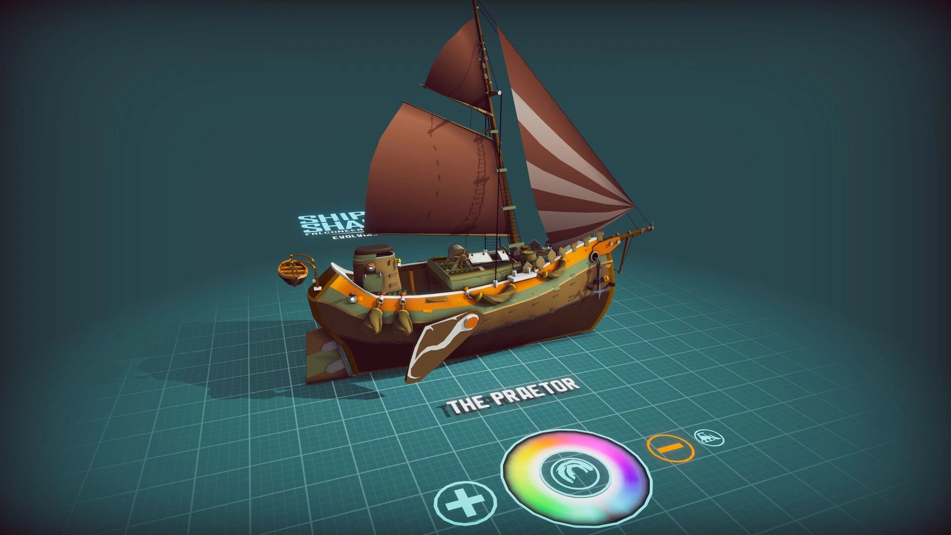 ShipShaper: Custom sailboat model with red sails on grid workspace, color wheel and tool icons below.