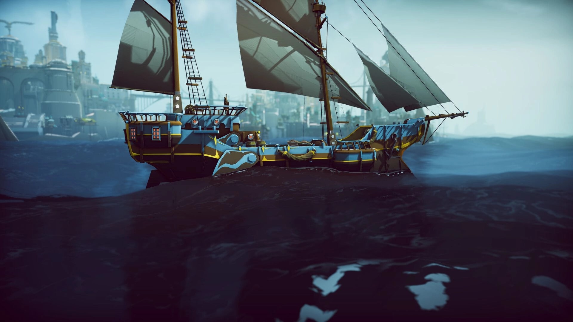 ShipShaper: Custom blue-and-gold sailboat cruising on choppy sea with a hazy city skyline behind.