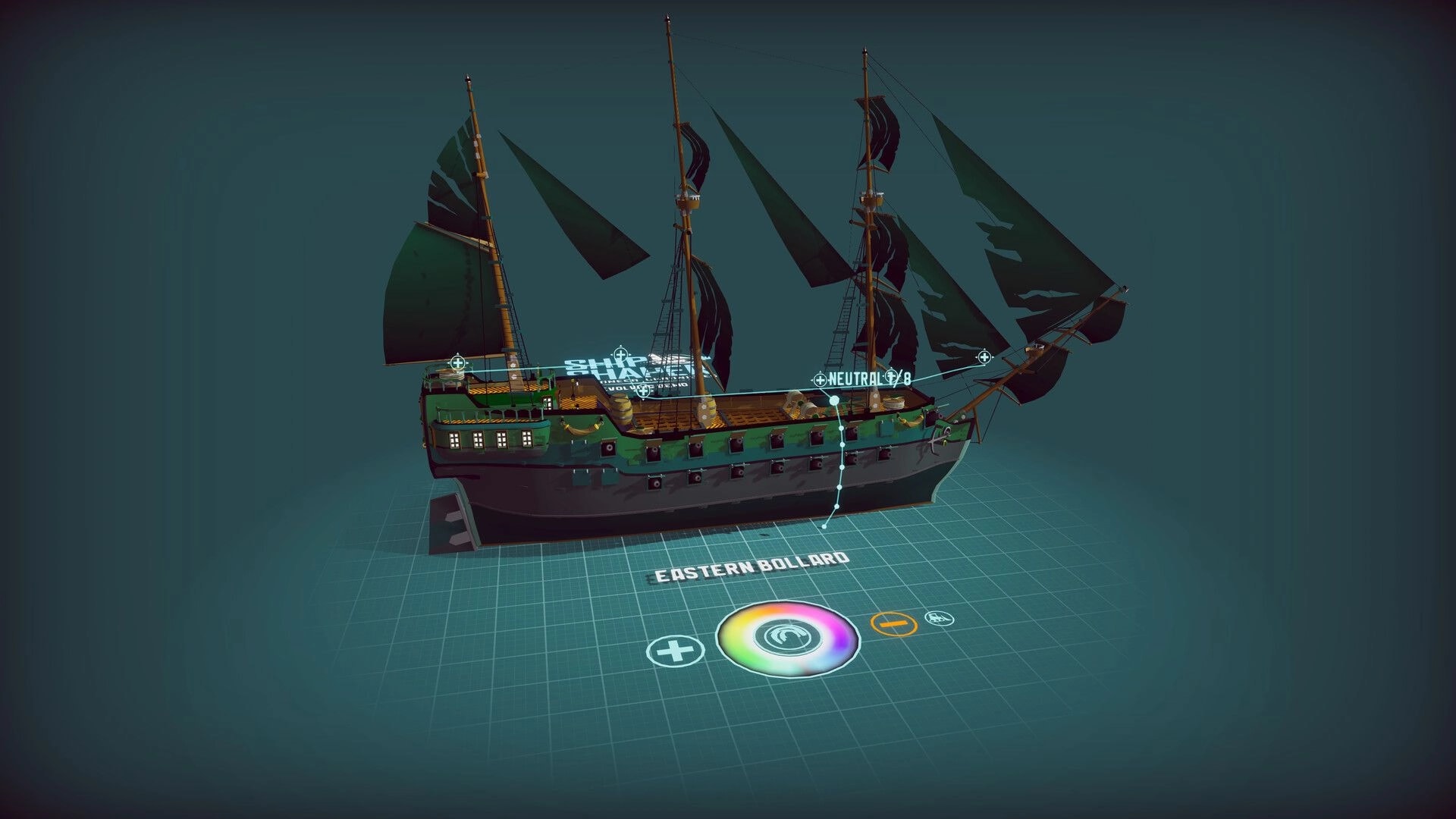 ShipShaper: Editing a three-masted ship with sails and cannons on a grid workspace with color wheel UI.