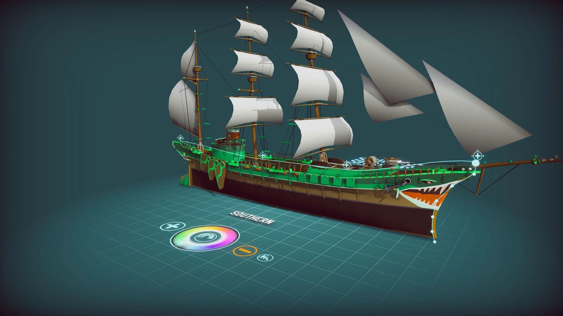 ShipShaper: Editing a green sailing ship with shark mouth bow on a grid workspace with color wheel UI.
