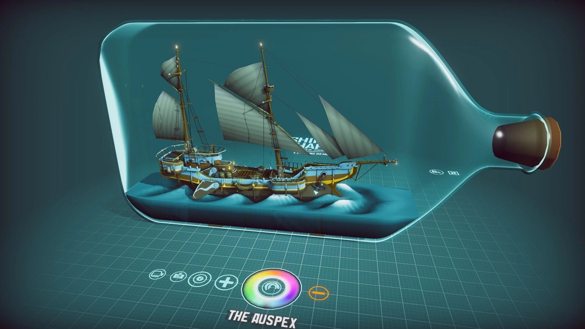 ShipShaper: Detailed sailboat model in a glass bottle on grid workspace with color wheel and tool icons.
