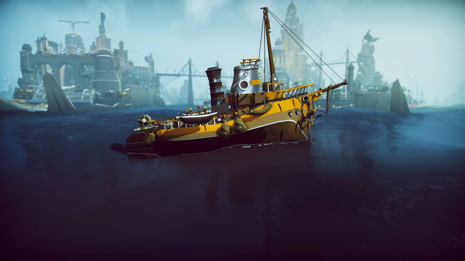 ShipShaper: Yellow tugboat with crane mast and smokestack cruising past a foggy city harbor skyline.