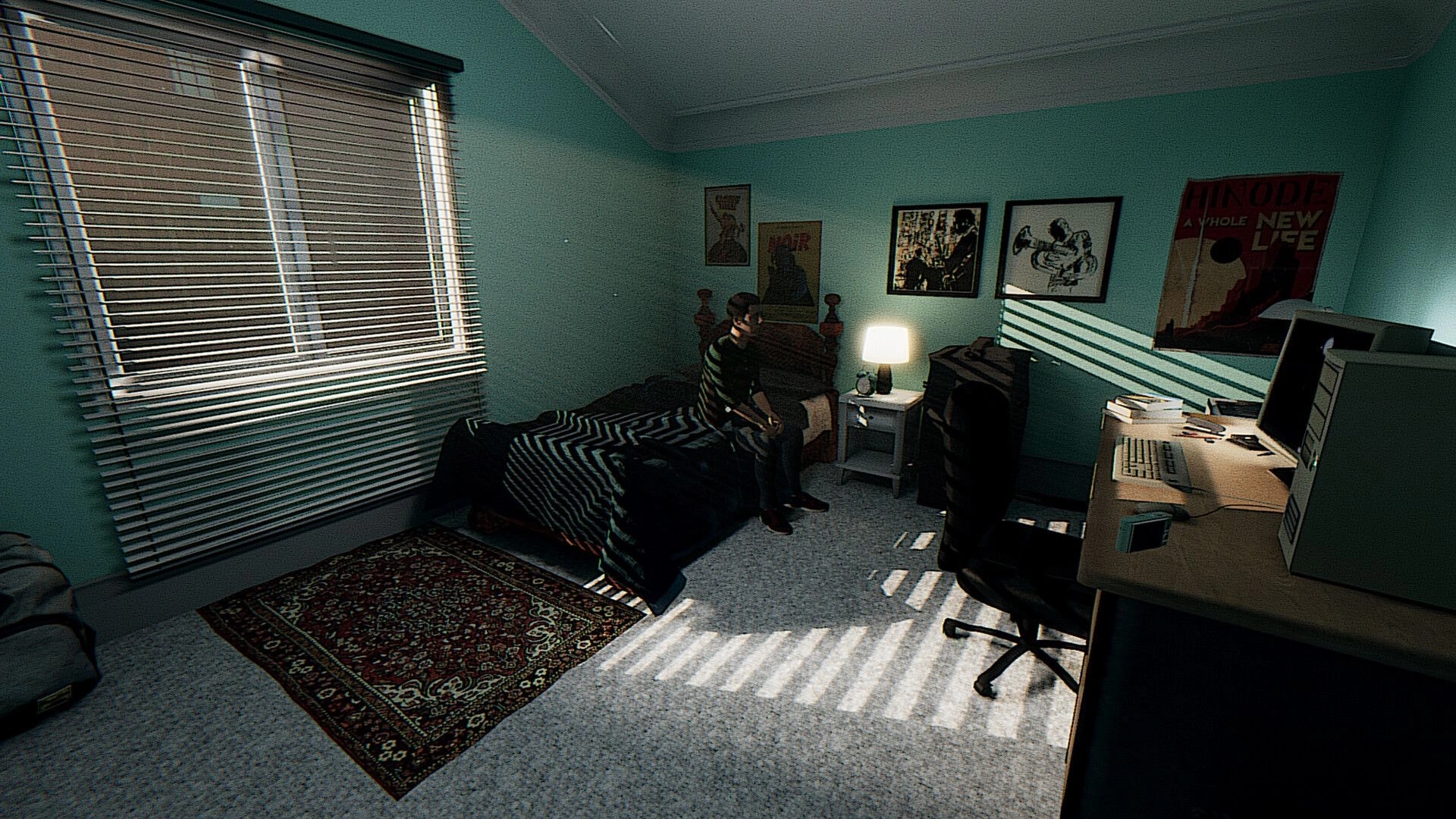 Shutter Story: Man sitting on a bed beside a lit lamp in a bedroom with posters and a PC desk.