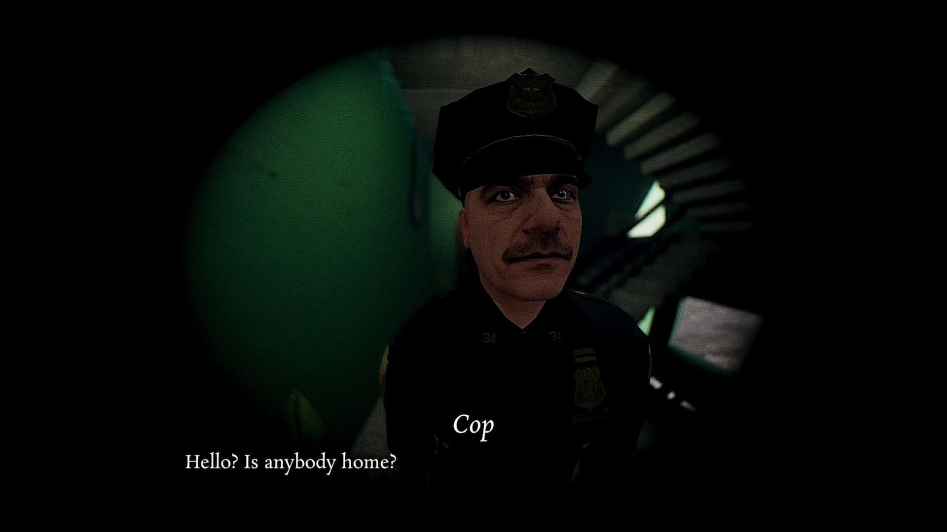 Shutter Story: Close-up of a police officer with dialogue text in a dim, green-lit hallway.