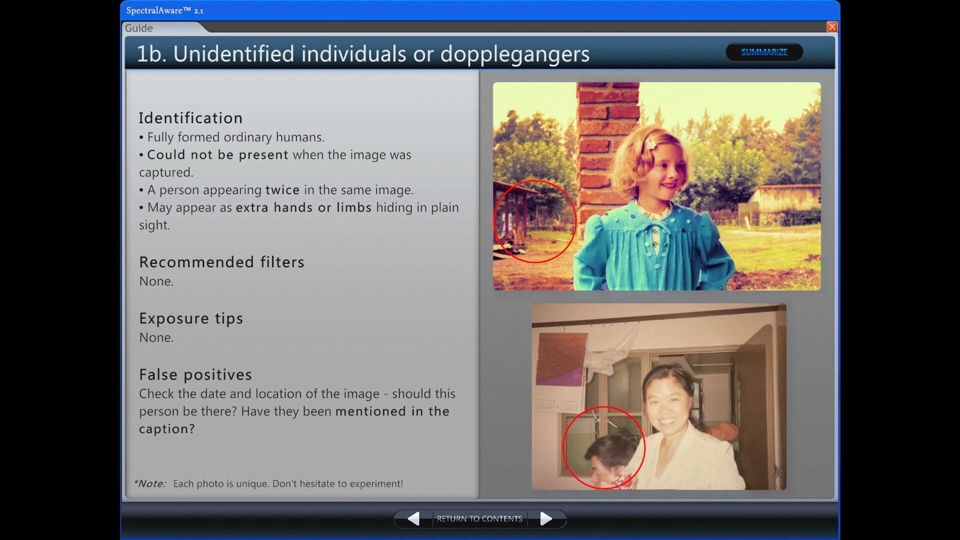 Shutter Story: Guide menu on dopplegangers with circled figures in two family photos displayed.