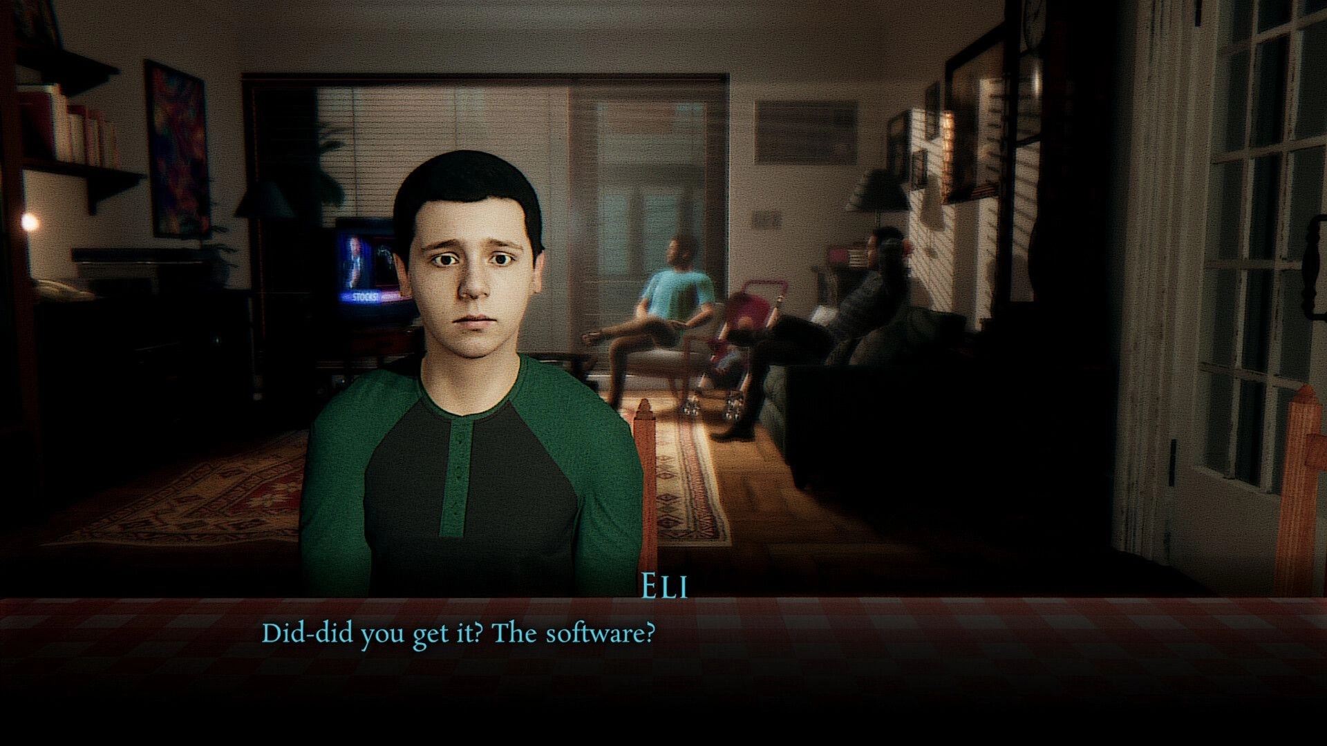 Shutter Story: Dialogue scene with Eli in foreground, subtitles over a dim living room with family seated.